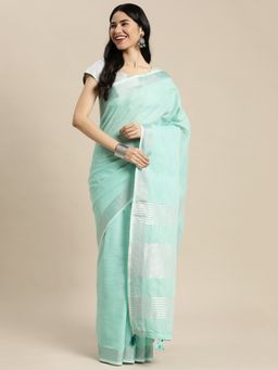 Sangam Prints - Turquoise Linen Woven Work Traditional Tassle Saree with Unstitched