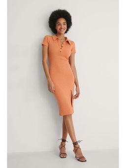 NA-KD - Ribbed Button Slit Dress-orange