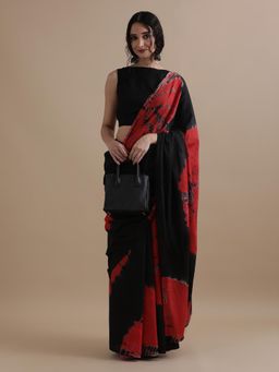 Jaipur Kurti - Black Mulmul Cotton Tie and Dye Printed Saree with Unstitched Blouse