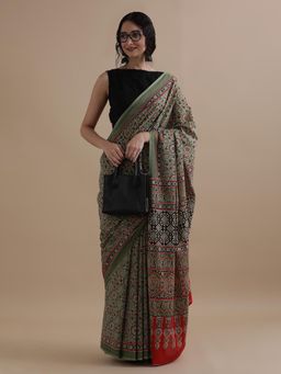 Jaipur Kurti - Green Mulmul Cotton Floral Printed Saree with Unstitched Blouse