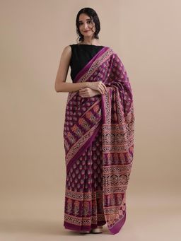 Jaipur Kurti - Purple Mulmul Cotton Floral Printed Saree with Unstitched Blouse