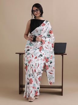 Jaipur Kurti - White Mulmul Cotton Floral Printed Saree with Unstitched Blouse