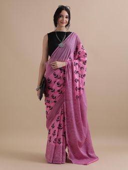 Jaipur Kurti - Pink Mulmul Cotton Floral Printed Saree with Unstitched Blouse