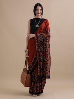 Jaipur Kurti - Rust Mulmul Cotton Floral Printed Saree with Unstitched Blouse