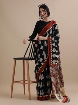 Jaipur Kurti - Black Mulmul Cotton Floral Printed Saree with Unstitched Blouse