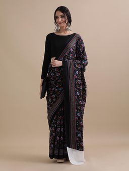 Jaipur Kurti - Black Mulmul Cotton Floral Printed Saree with Unstitched Blouse