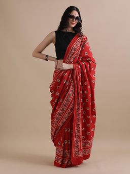 Jaipur Kurti - Red Mulmul Cotton Floral Printed Saree with Unstitched Blouse