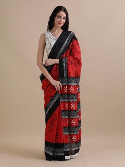 Jaipur Kurti - Red Mulmul Cotton Floral Printed Saree with Unstitched Blouse