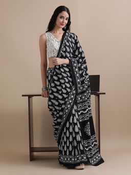 Jaipur Kurti - Black Mulmul Cotton Floral Printed Saree with Unstitched Blouse