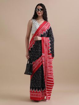 Jaipur Kurti - Black Mulmul Cotton Ethnic Motifs Printed Saree with Unstitched Blouse