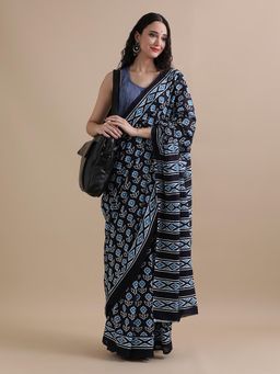Jaipur Kurti - Navy Blue Mulmul Cotton Floral Printed Saree with Unstitched Blouse