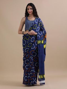 Jaipur Kurti - Navy Blue Mulmul Cotton Geometric Printed Saree with Unstitched Blouse