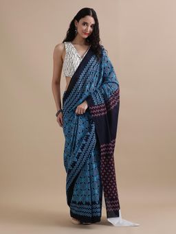 Jaipur Kurti - Blue Mulmul Cotton Printed Saree with Unstitched Blouse