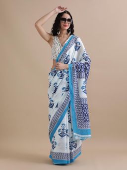 Jaipur Kurti - Blue Mulmul Cotton Floral Printed Saree with Unstitched Blouse