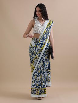 Jaipur Kurti - Blue Mulmul Cotton Floral printed Saree with Unstitched Blouse