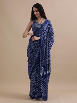 Jaipur Kurti - Navy Blue Mulmul Cotton Floral Printed Saree with Unstitched Blouse