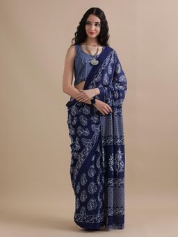 Jaipur Kurti - Navy Blue Mulmul Cotton Floral Printed Saree with Unstitched Blouse