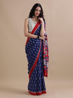 Jaipur Kurti - Navy Blue Mulmul Cotton Floral Printed Saree with Unstitched Blouse