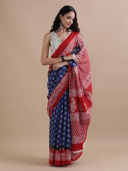Jaipur Kurti - Navy Blue Mulmul Cotton Floral Printed Saree with Unstitched Blouse
