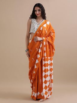 Jaipur Kurti - Orange Mulmul Cotton Geometric Printed Saree with Unstitched Blouse
