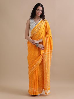 Jaipur Kurti - Yellow Mulmul Cotton Ethnic Motifs Printed Saree with Unstitched Blouse