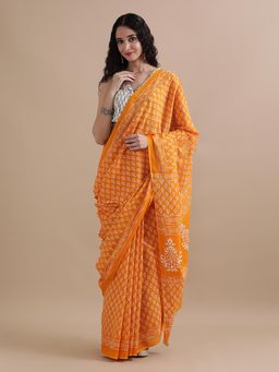 Jaipur Kurti - Orange Mulmul Cotton Floral Printed Saree with Unstitched Blouse