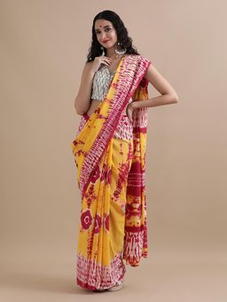 Jaipur Kurti - Yellow Mulmul Cotton Tie and Dye Printed Saree with Unstitched Blouse