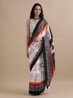 Jaipur Kurti - White Mulmul Cotton Printed Saree with Unstitched Blouse