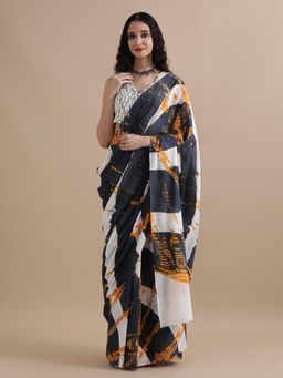 Jaipur Kurti - Navy Blue Mulmul Cotton Tie and Dye Printed Saree with Unstitched Blouse