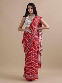 Jaipur Kurti - Red Mulmul Cotton Floral Printed Saree with Unstitched Blouse