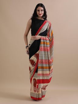 Jaipur Kurti - Black Mulmul Cotton Paisley Printed Saree with Unstitched Blouse