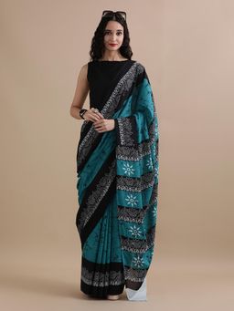 Jaipur Kurti - Teal Mulmul Cotton Floral Printed Saree with Unstitched Blouse