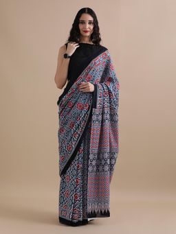 Jaipur Kurti - Navy Blue Mulmul Cotton Floral Printed Saree with Unstitched Blouse