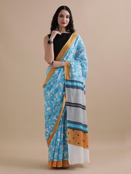 Jaipur Kurti - Aqua Mulmul Cotton Printed Saree with Unstitched Blouse