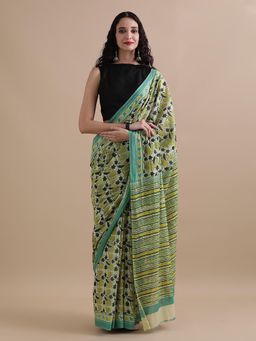 Jaipur Kurti - Green Mulmul Cotton Floral Printed Saree with Unstitched Blouse