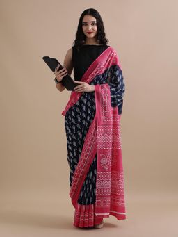 Jaipur Kurti - Navy Blue Mulmul Cotton Floral Printed Saree with Unstitched Blouse