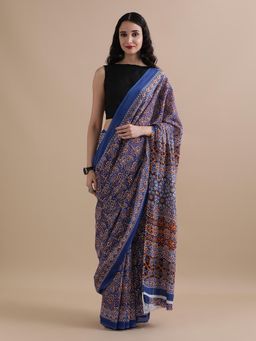 Jaipur Kurti - Navy Blue Mulmul Cotton Floral Printed Saree with Unstitched Blouse