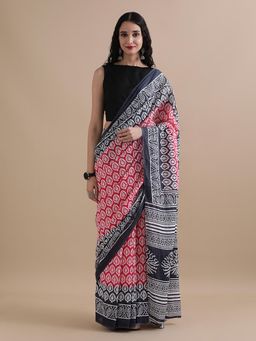 Jaipur Kurti - Pink Mulmul Cotton Floral Printed Saree with Unstitched Blouse