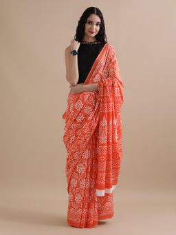Jaipur Kurti - Peach Mulmul Cotton Floral Printed Saree with Unstitched Blouse
