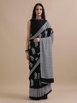 Jaipur Kurti - Black Mulmul Cotton Floral Printed Saree with Unstitched Blouse