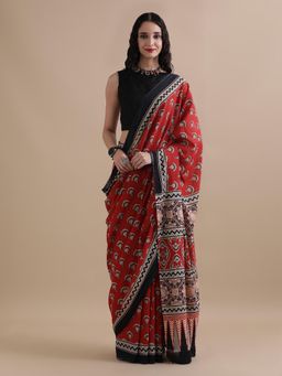 Jaipur Kurti - Maroon Mulmul Cotton Floral Printed Saree with Unstitched Blouse