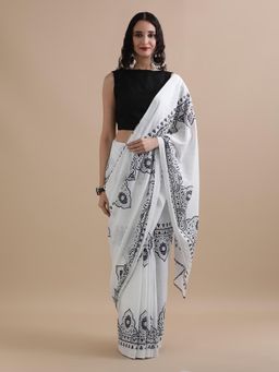 Jaipur Kurti - White Mulmul Cotton Floral Printed Saree with Unstitched Blouse