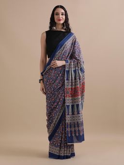 Jaipur Kurti - Navy Blue Mulmul Cotton Ethnic Motifs Printed Saree with Unstitched Blouse