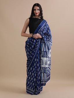 Jaipur Kurti - Navy Blue Mulmul Cotton Floral printed Saree with Unstitched Blouse