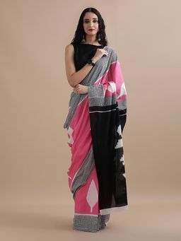 Jaipur Kurti - Pink Mulmul Cotton Floral Printed Saree with Unstitched Blouse