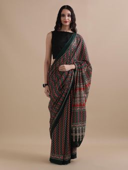 Jaipur Kurti - Green Mulmul Cotton Printed Saree with Unstitched Blouse