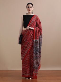 Jaipur Kurti - Maroon Mulmul Cotton Floral Printed Saree with Unstitched Blouse