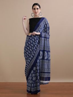 Jaipur Kurti - Navy Blue Mulmul Cotton Printed Saree with Unstitched Blouse