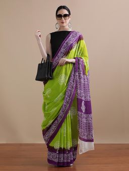 Jaipur Kurti - Green Mulmul Cotton Printed Saree with Unstitched Blouse