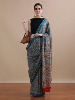 Jaipur Kurti - Teal Mulmul Cotton Floral Printed Saree with Unstitched Blouse